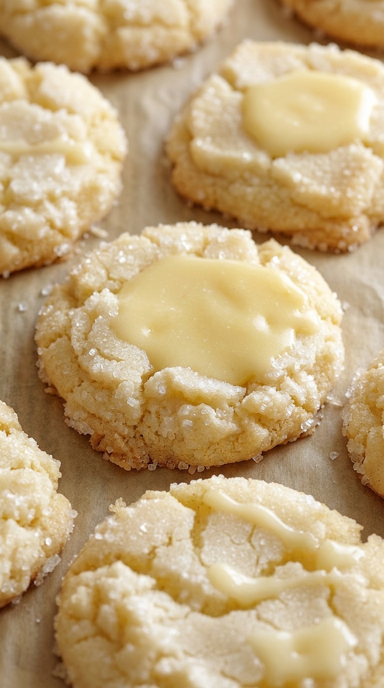 Close-up of golden lemon sugar cookies with a lemon curd center and coarse sugar topping on parchment paper.