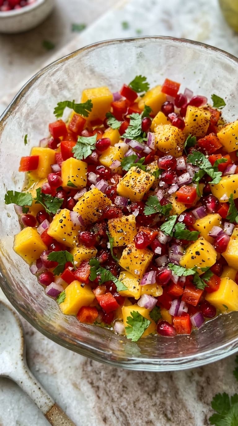 A glass bowl filled with a colorful mango pomegranate salsa, garnished with cilantro and red onion.
