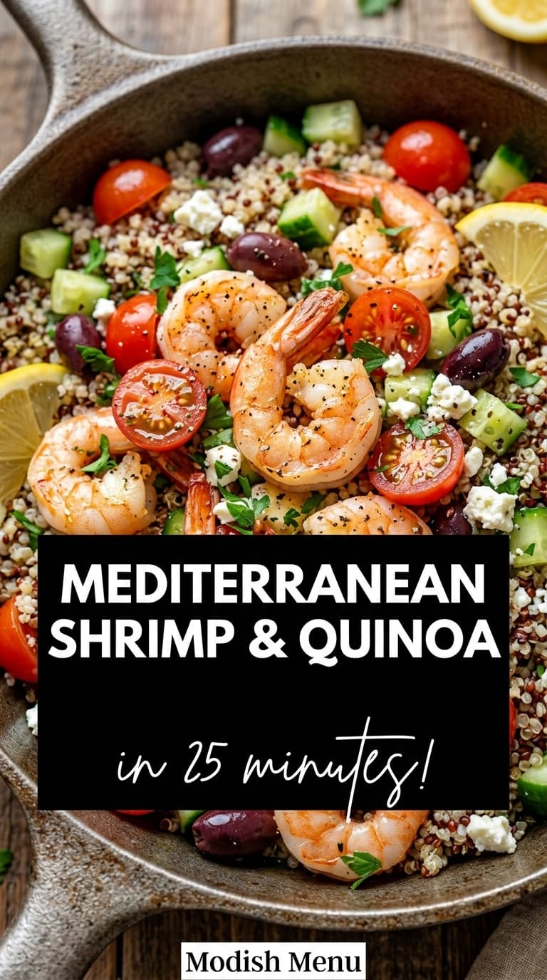 A cast iron skillet filled with Mediterranean shrimp and quinoa salad, topped with shrimp, cherry tomatoes, cucumbers, olives, feta cheese, and lemon wedges.