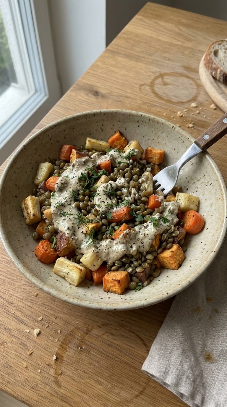A bowl of roasted vegetables and lentils topped with a creamy sauce and fresh herbs.