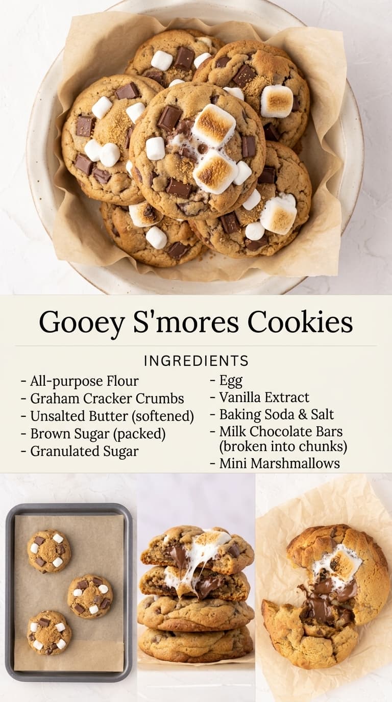 A bowl of gooey s'mores cookies with melted marshmallows and chocolate chunks.