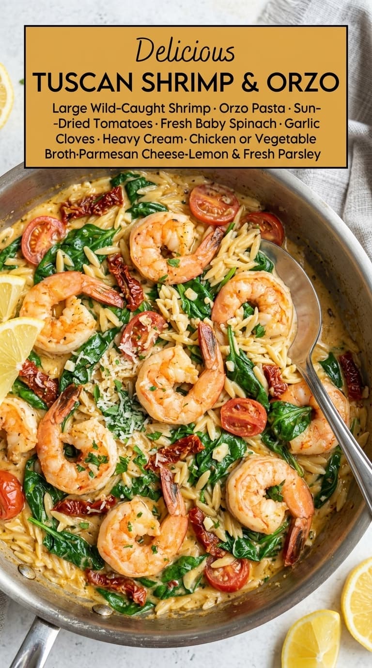 A pan of Tuscan Shrimp & Orzo with shrimp, orzo, spinach, tomatoes, and lemon wedges.