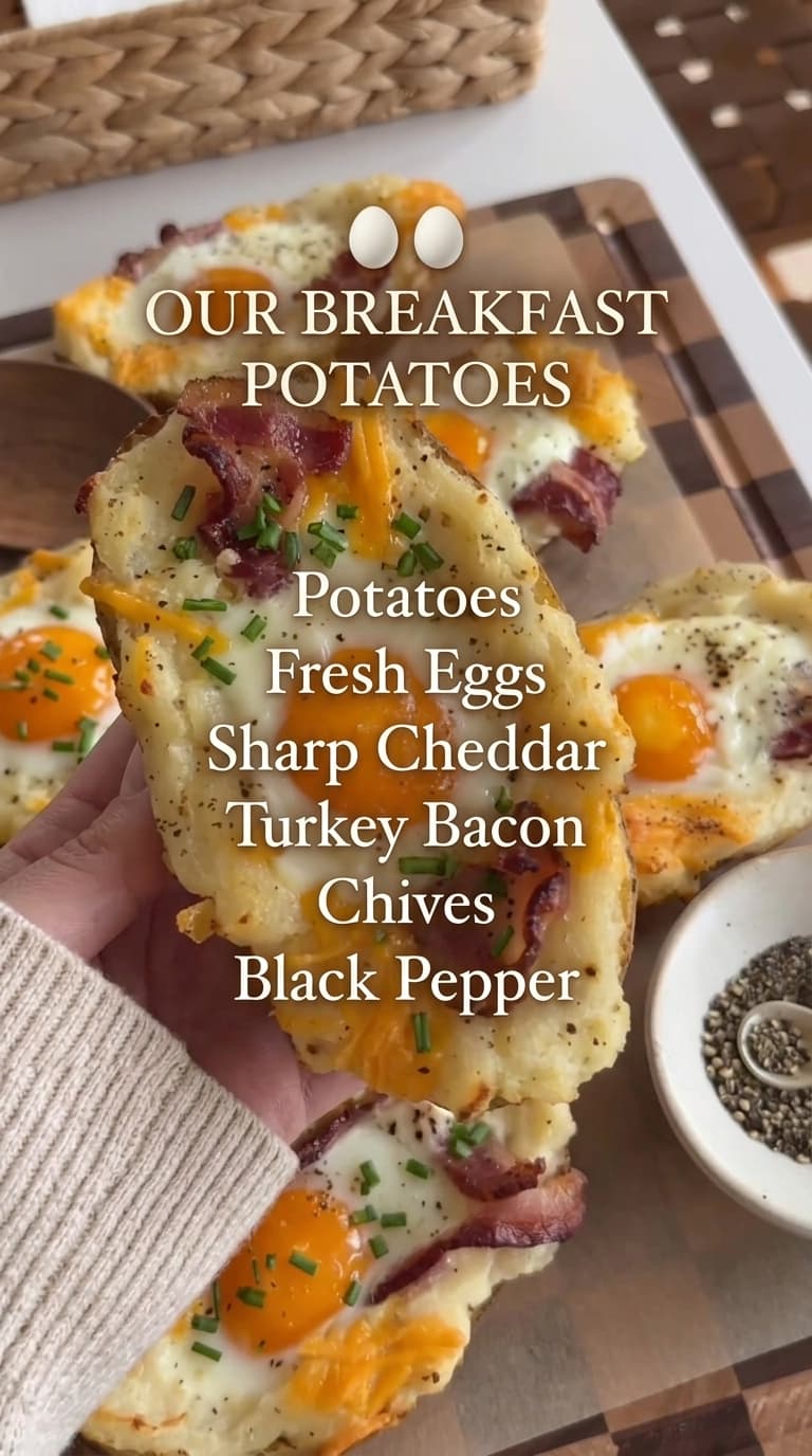 A hand holds a baked potato half filled with a sunny-side-up egg, melted cheddar cheese, crispy turkey bacon, and chopped chives, served on a wooden cutting board.