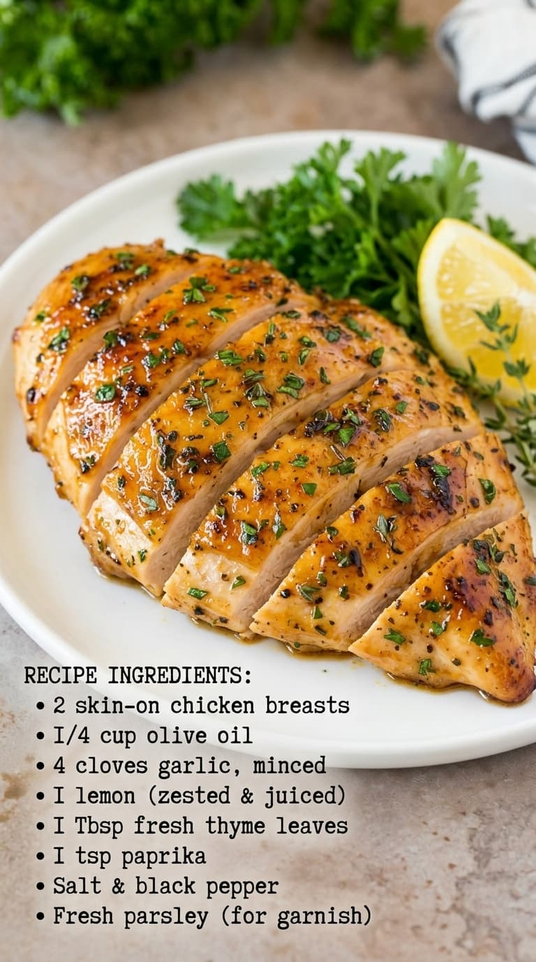 Sliced lemon thyme chicken breasts on a white plate with parsley and a lemon wedge.