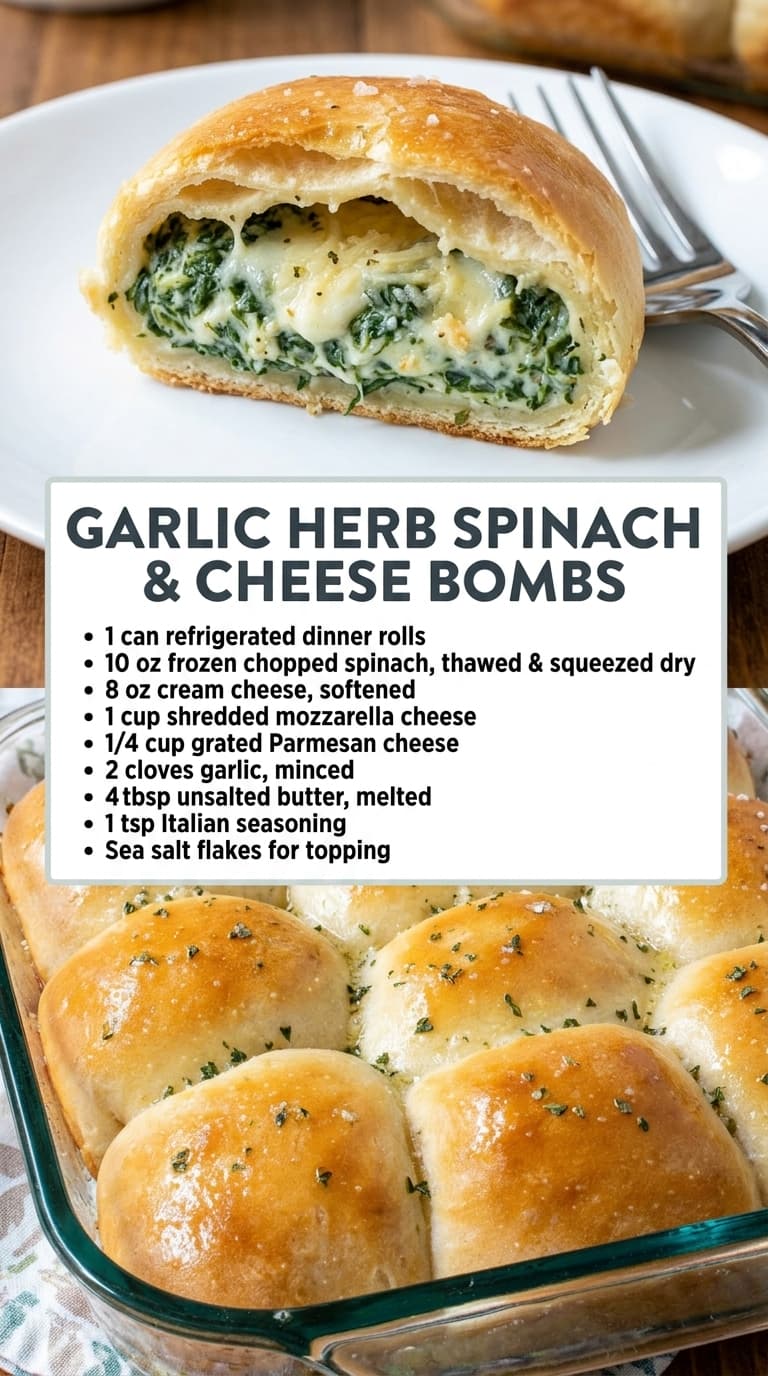 A close-up of a golden-brown garlic herb spinach and cheese bomb cut in half, revealing a creamy, cheesy spinach filling, served on a white plate with a fork.