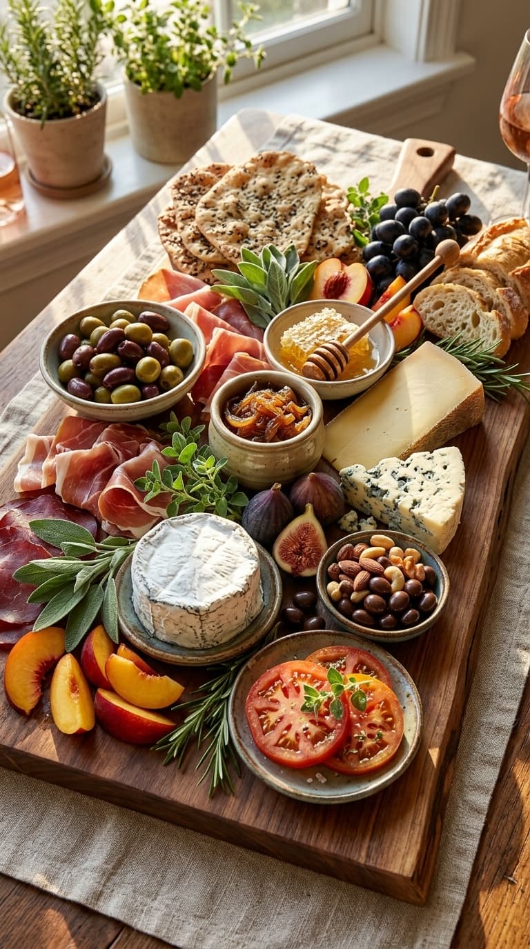 A wooden charcuterie board laden with cheeses, meats, olives, grapes, figs, tomatoes, peaches, and breads, garnished with fresh herbs.
