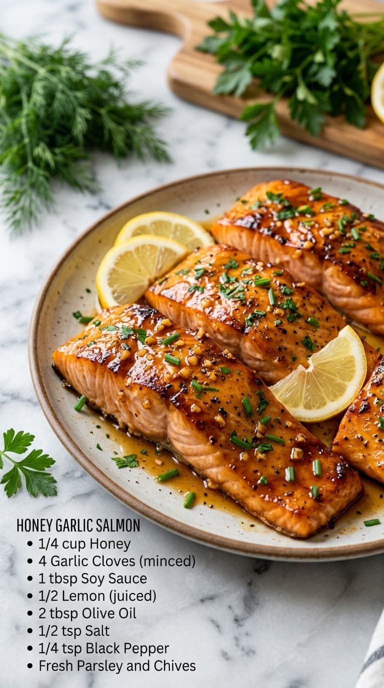 Three glazed salmon fillets on a plate with lemon slices and fresh herbs.