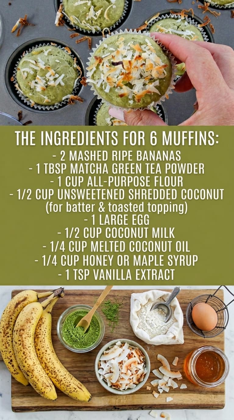 Green matcha muffins with toasted coconut topping in a muffin tin and held in hand.