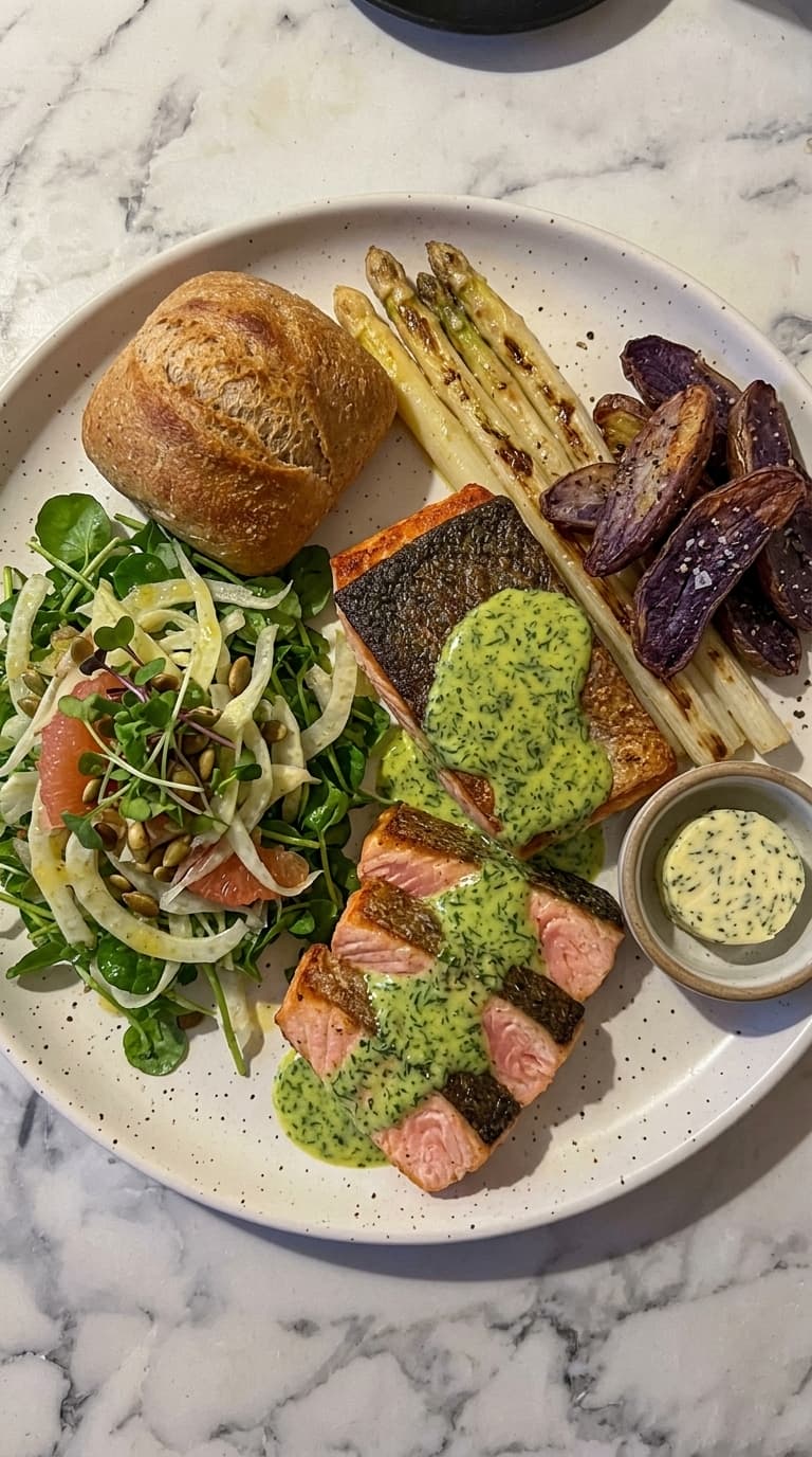 A plate with grilled salmon, asparagus, roasted potatoes, a bread roll, and a fennel salad.