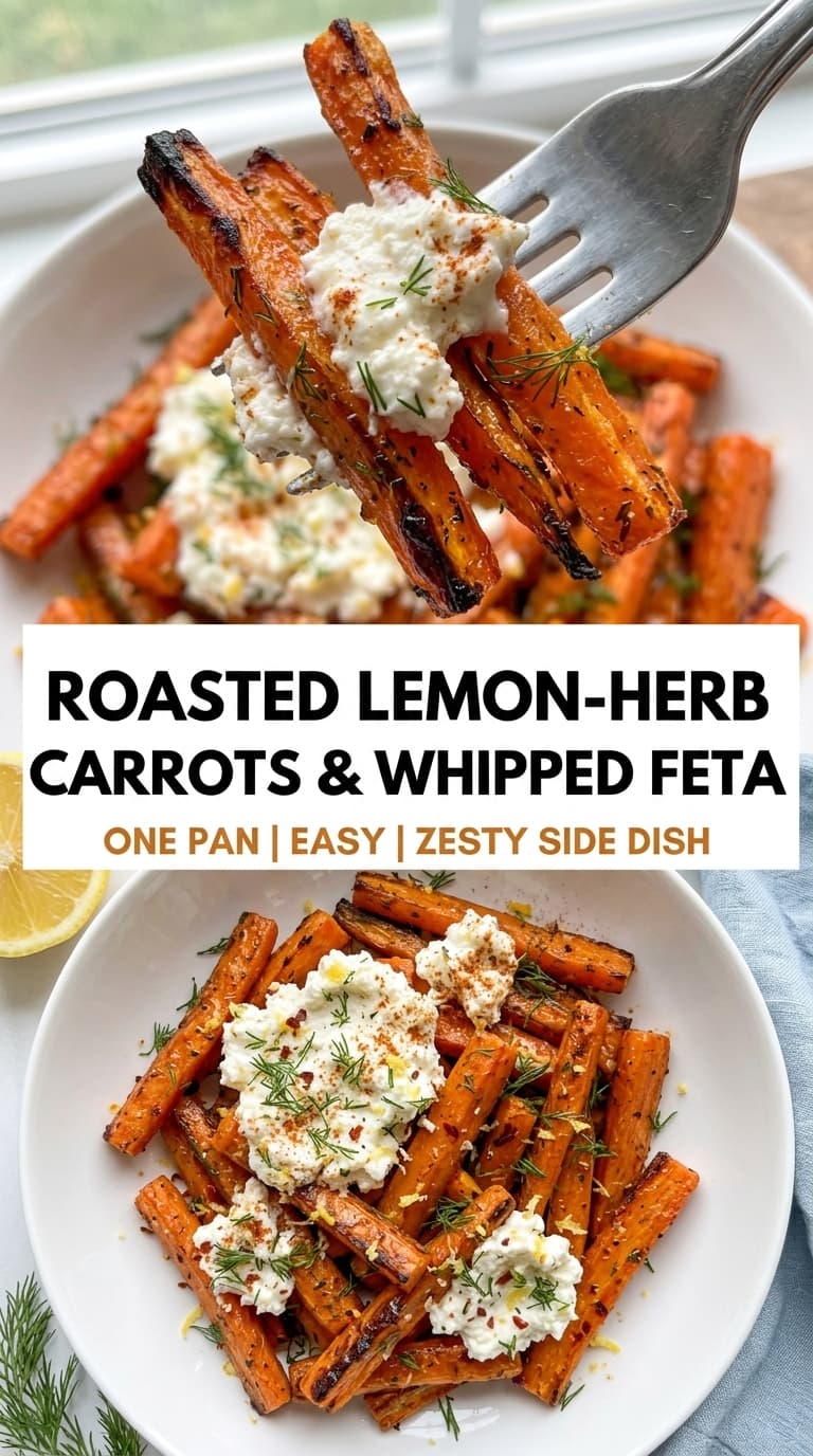 A close-up of roasted carrot sticks with whipped feta and herbs on a fork, with a plate of the dish below.