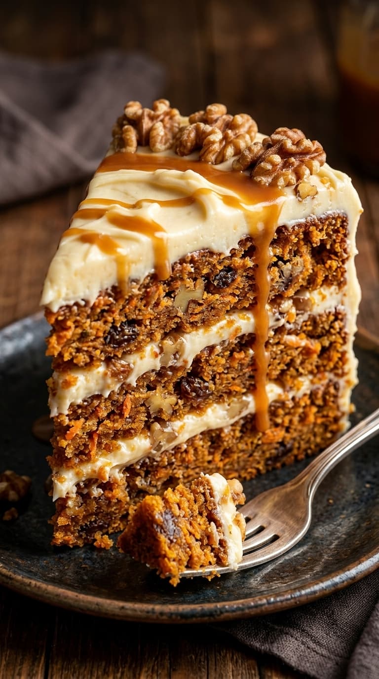 A slice of layered carrot cake with cream cheese frosting, caramel drizzle, and walnuts on a dark plate.