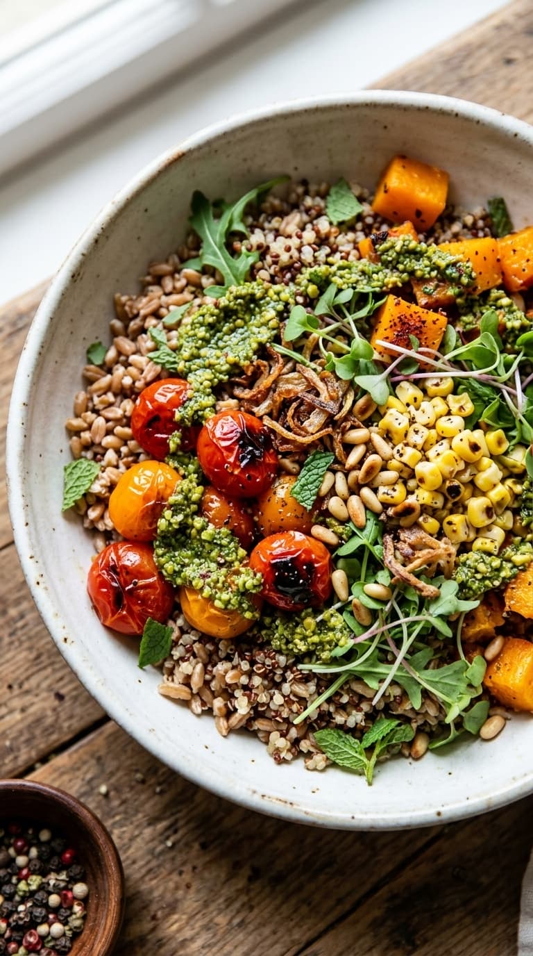A close-up of a rustic bowl filled with a colorful grain salad featuring roasted vegetables, fresh greens, and a green pesto sauce.