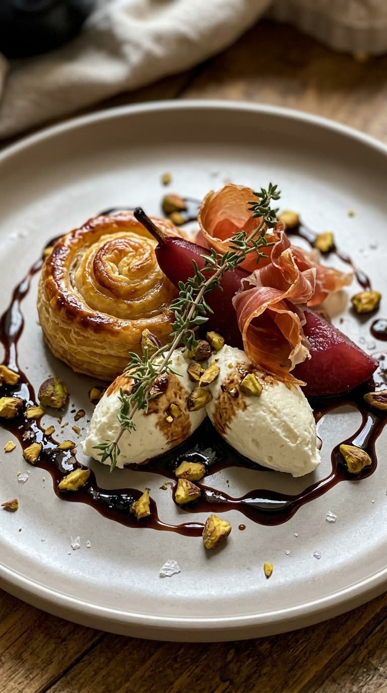 A plated dessert featuring a golden pastry swirl, poached pears, prosciutto, whipped ricotta, pistachios, and balsamic glaze.