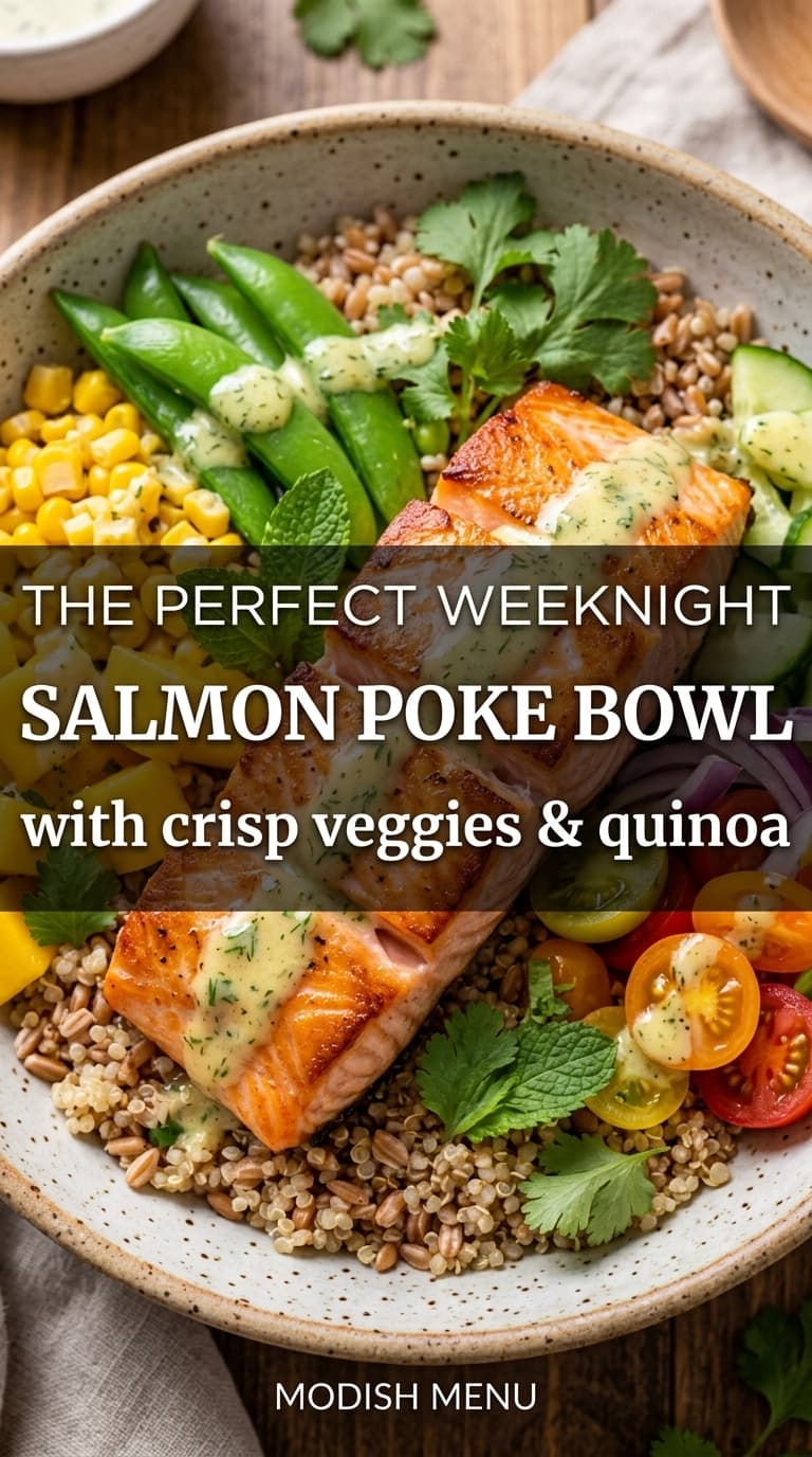A close-up of a salmon poke bowl with quinoa, corn, snap peas, cherry tomatoes, and cucumber.