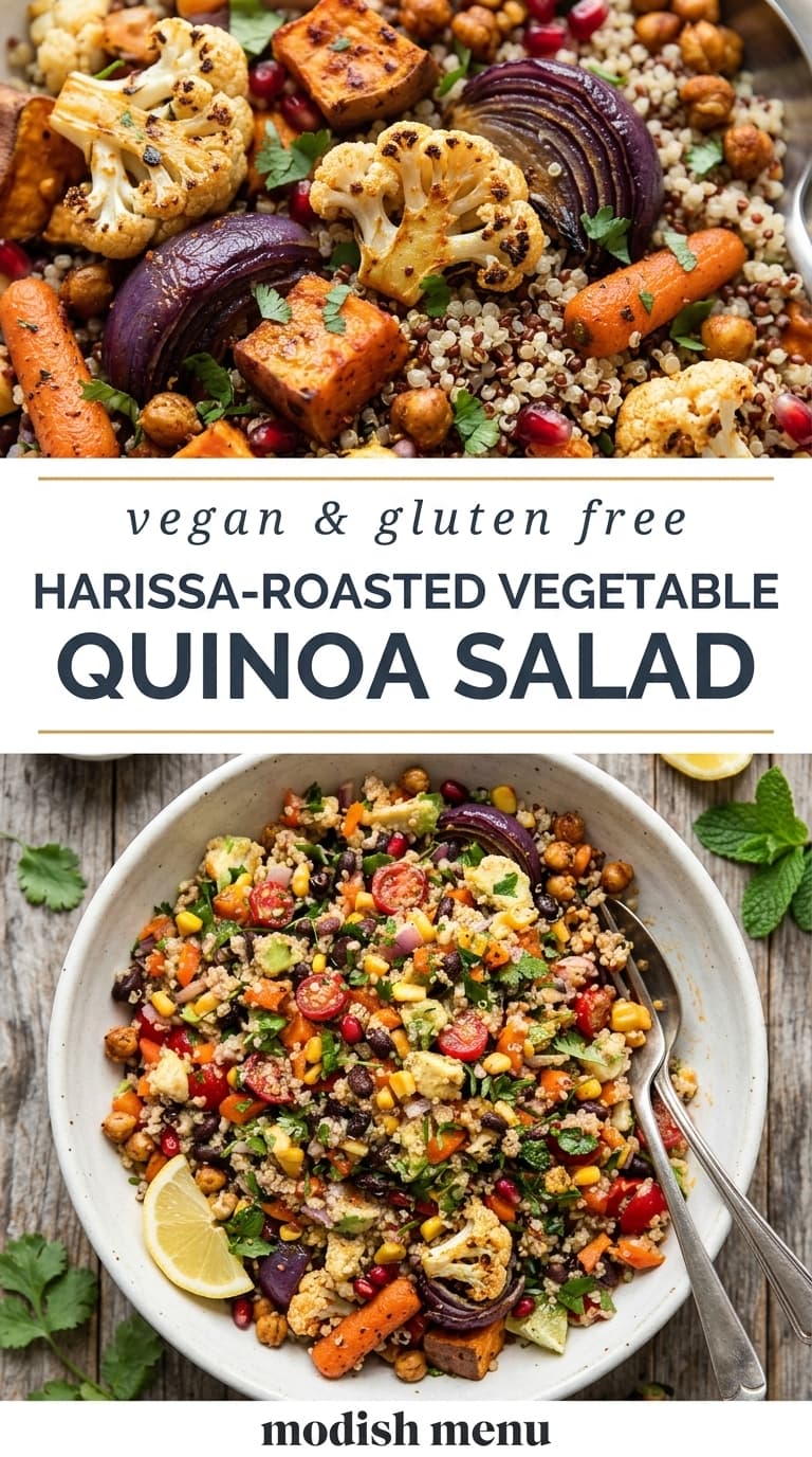 A colorful bowl of quinoa salad with roasted cauliflower, sweet potato, carrots, red onion, and chickpeas, garnished with fresh herbs and a lemon wedge.