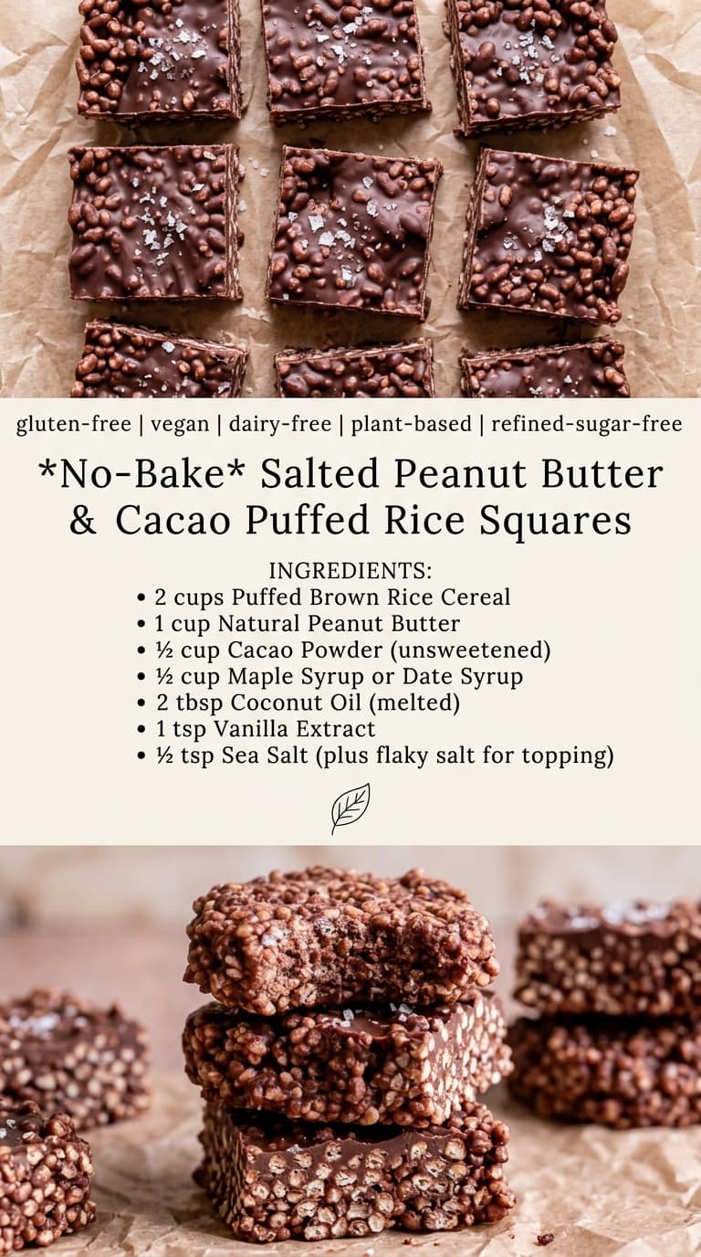 Stacked square snacks with chocolate coating and puffed rice cereal, topped with flaky salt.