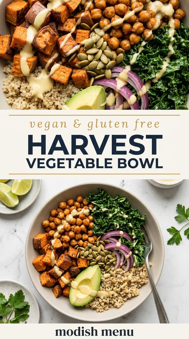 Colorful harvest vegetable bowl with roasted squash, kale, chickpeas, and lemon-tahini dressing on a white plate