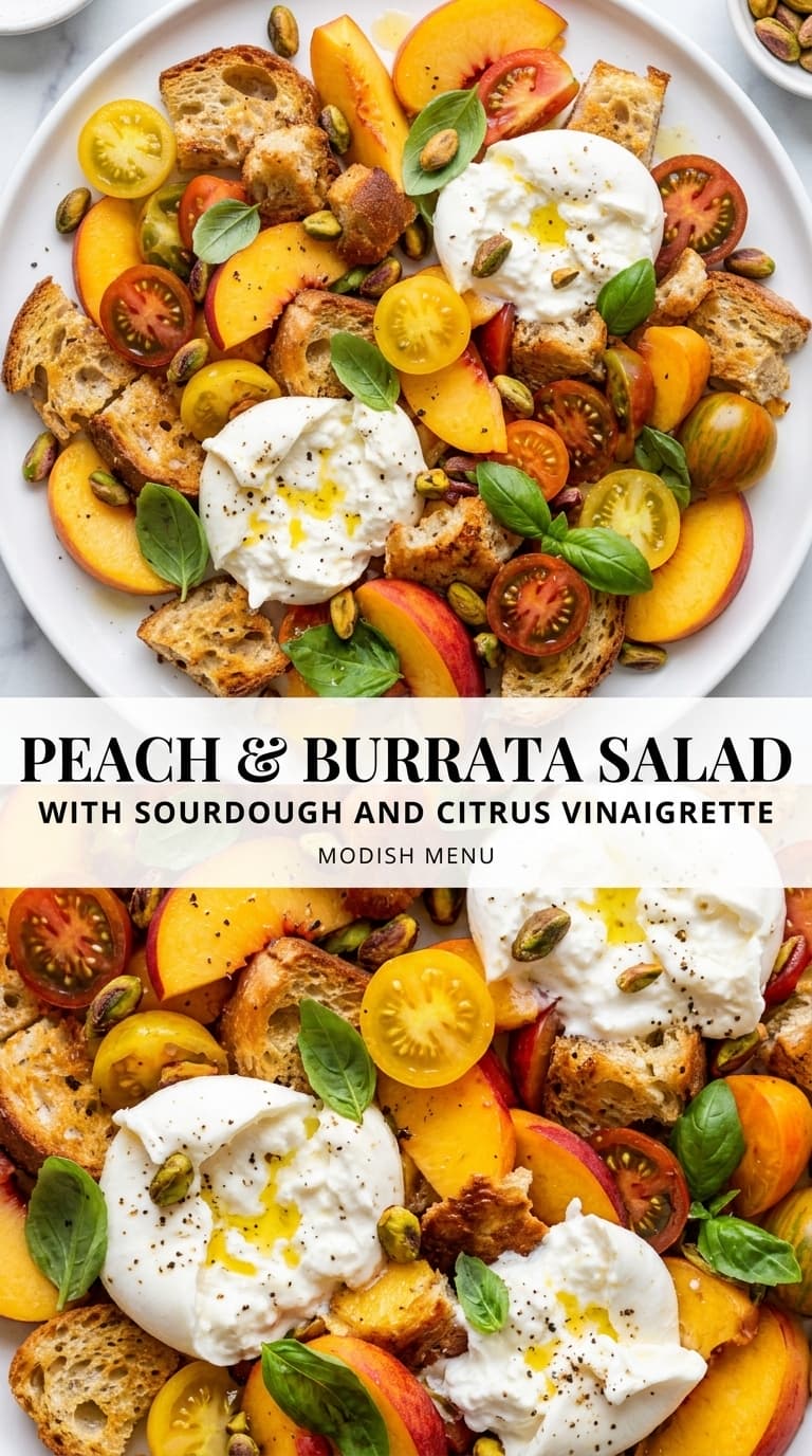 A colorful peach and burrata salad with sourdough croutons, cherry tomatoes, and fresh basil.