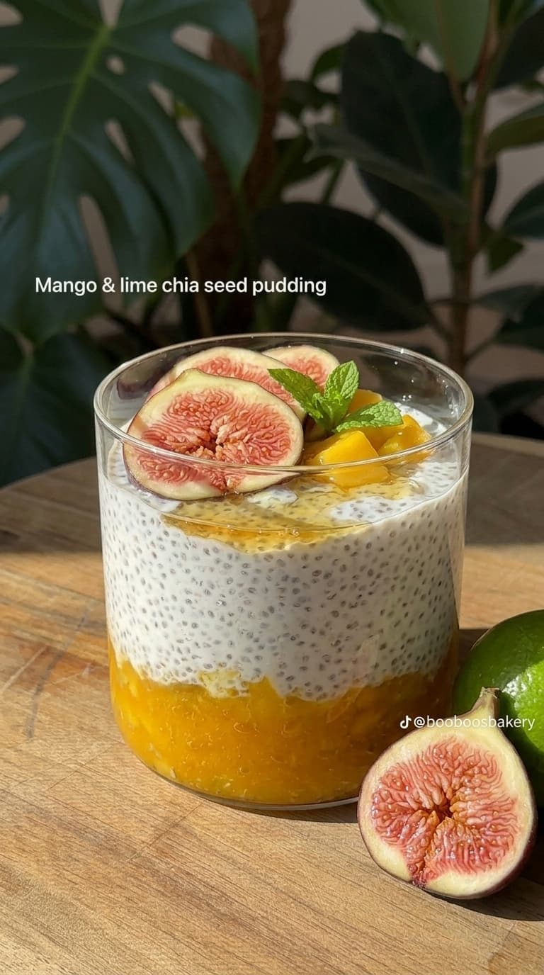 Glass jar of layered mango and lime chia seed pudding topped with fig slices and mint.