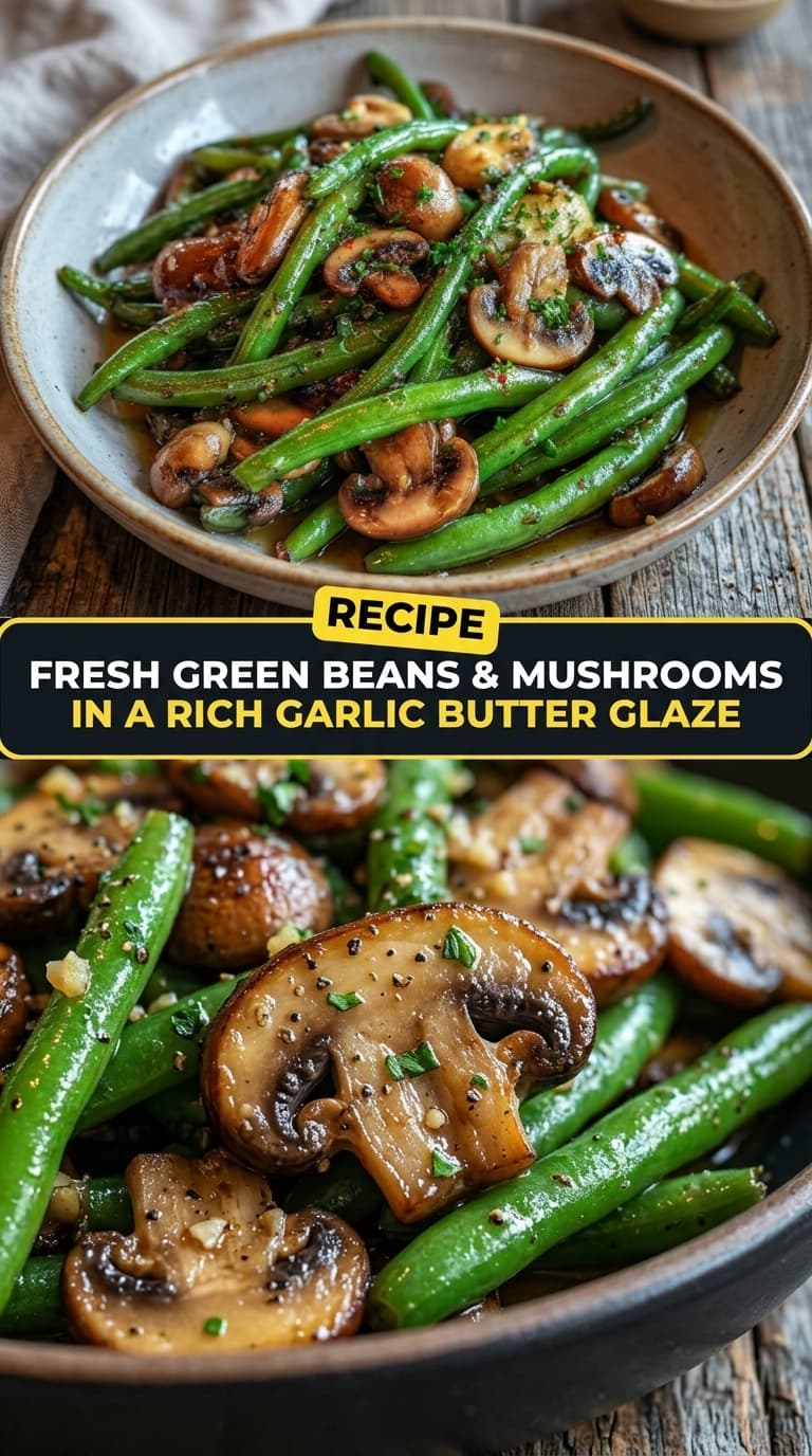 A close-up of a bowl filled with sautéed green beans and sliced mushrooms coated in a glossy garlic butter sauce, garnished with fresh herbs and black pepper.