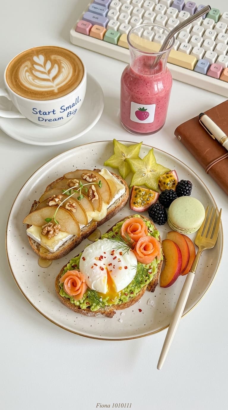 A beautifully plated breakfast featuring avocado toast topped with a poached egg and smoked salmon, accompanied by fresh fruit and a latte.