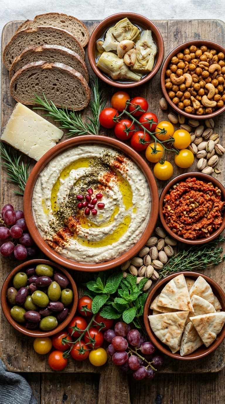 A wooden board with a large bowl of hummus surrounded by bowls of olives, nuts, artichokes, chickpeas, roasted red pepper spread, pita bread, grapes, tomatoes, and cheese.