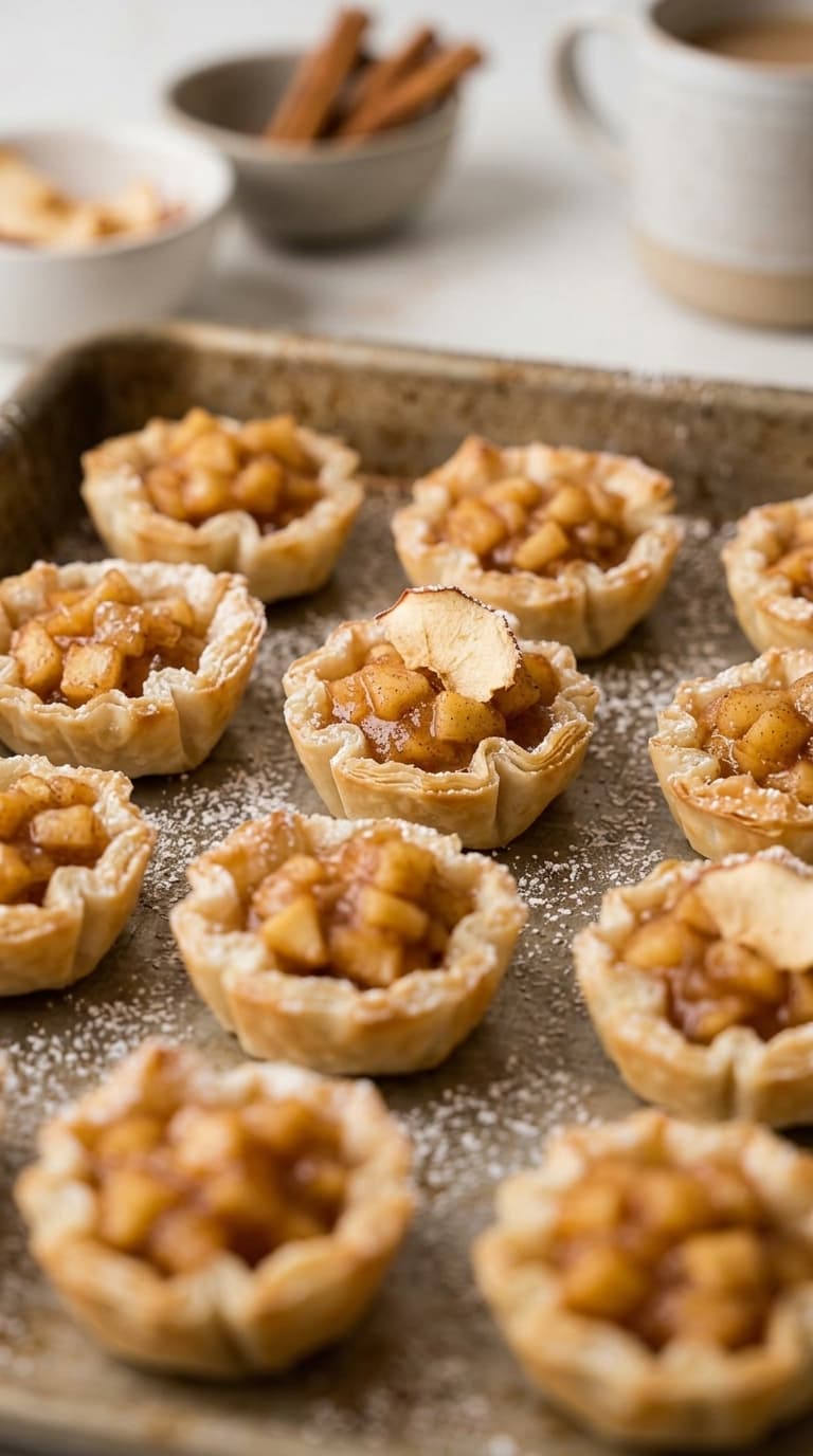 Mini apple tarts on a baking sheet, dusted with powdered sugar and topped with a slice of apple.