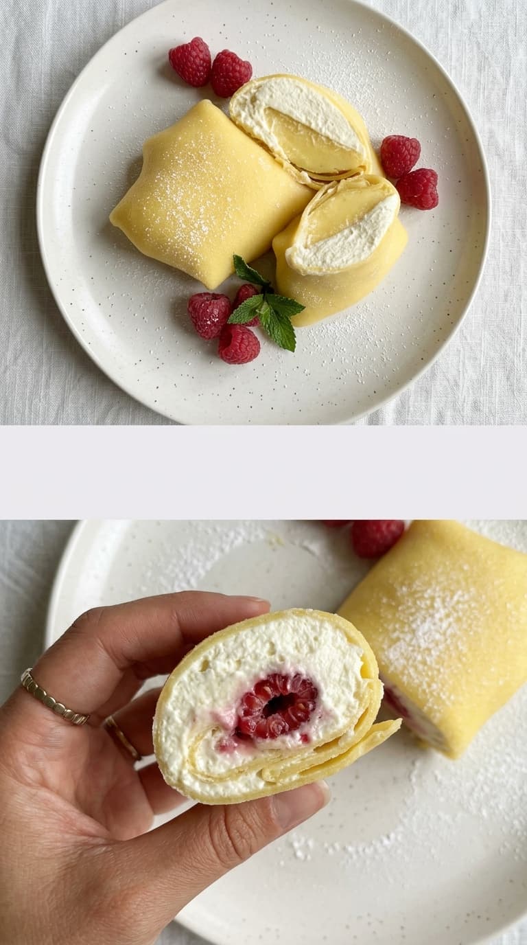 A plate of yellow crepe rolls filled with cream and raspberries, garnished with fresh raspberries and mint.