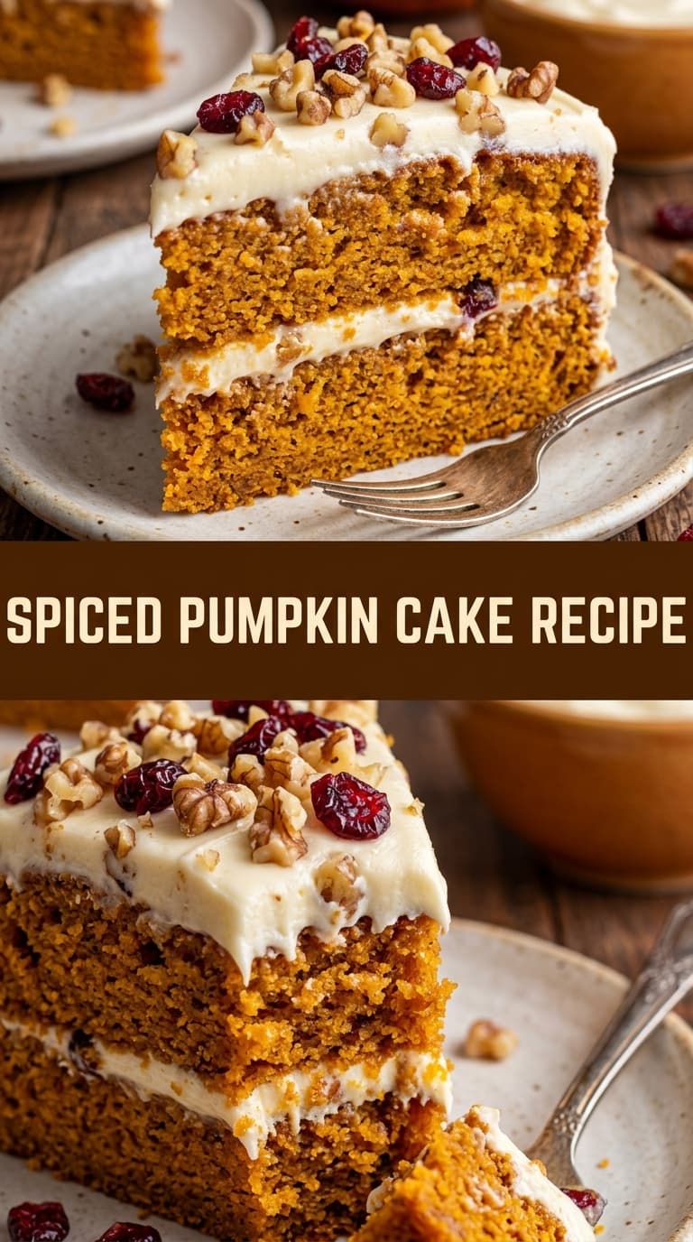 Slice of spiced pumpkin cake with cream cheese frosting, topped with walnuts and dried cranberries.