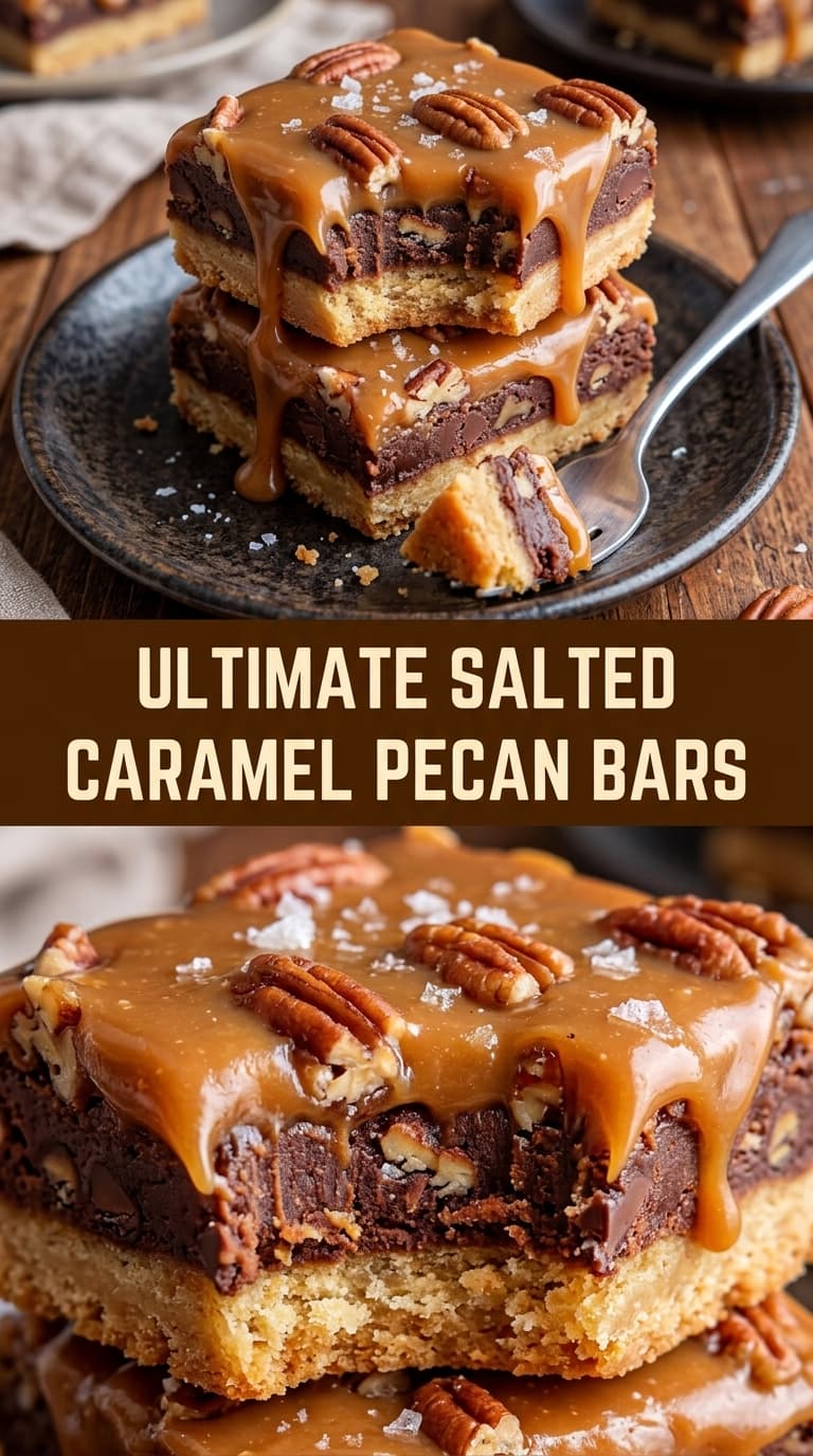 A close-up shot of sliced salted caramel pecan bars on a wooden board