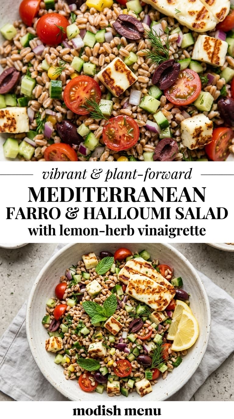 A close-up of a colorful Mediterranean farro and halloumi salad with tomatoes, cucumbers, olives, and grilled cheese, served in a bowl with a lemon wedge.
